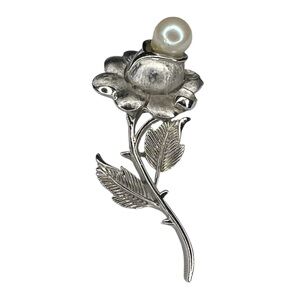 Vintage Crown Trifari Brooch Pin Floral Rose Faux Pearl Brushed Silver Tone 2½”